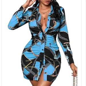 Stylish Blue and Black Chain Print Dress